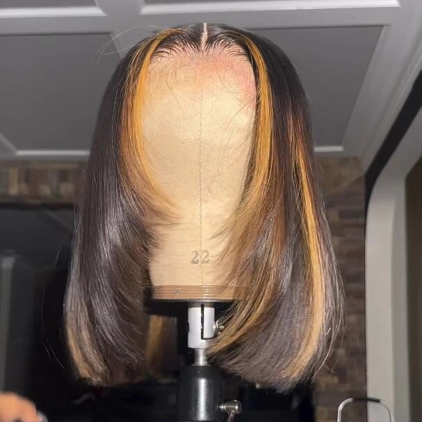 Geeta Layer Cut Ombre Highlight Straight Bob Human Hair Wigs 13x4 Lace Front Glueless Wigs