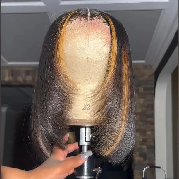 Geeta Layer Cut Ombre Highlight Straight Bob Human Hair Wigs 13x4 Lace Front Glueless Wigs