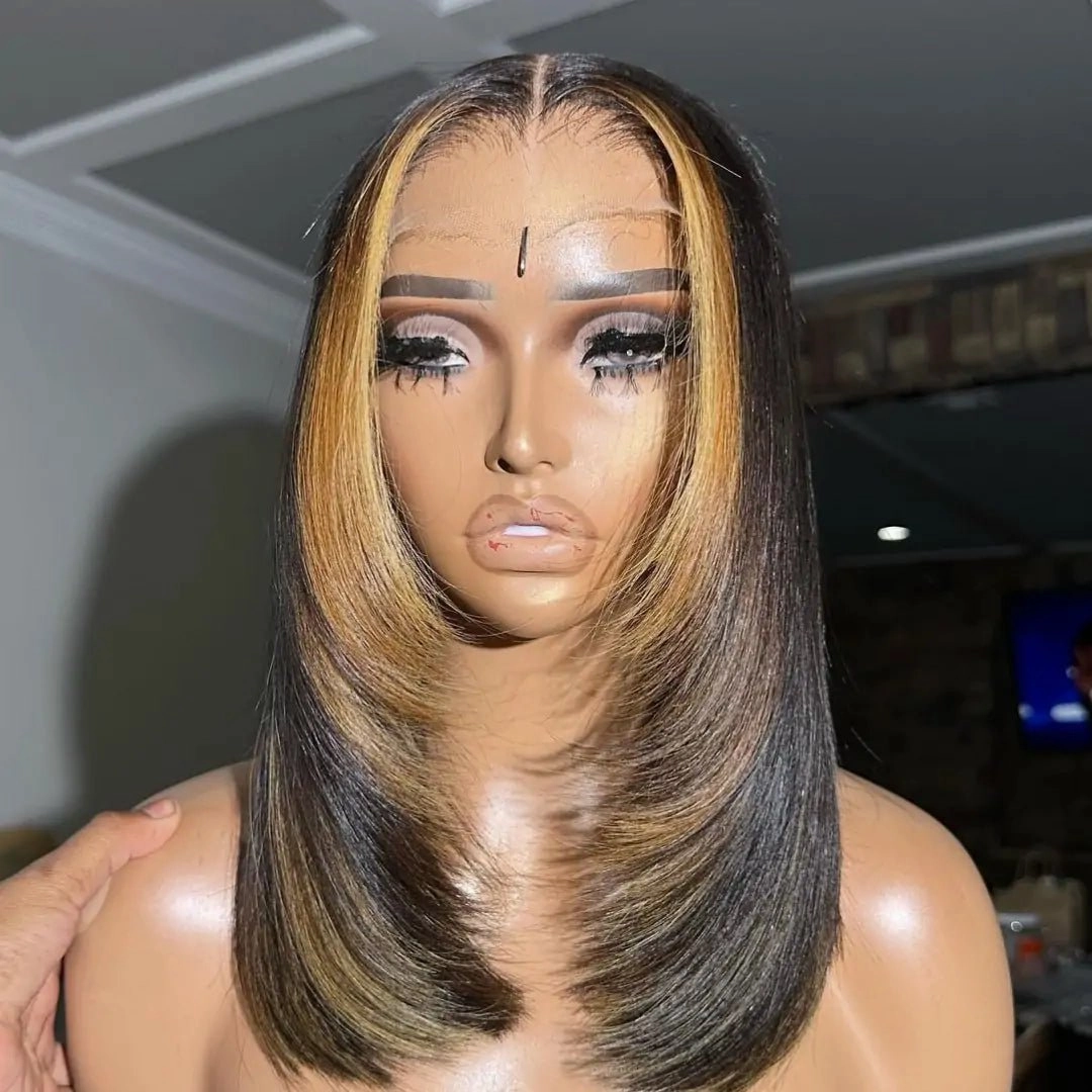 Geeta Layer Cut Ombre Highlight Straight Bob Human Hair Wigs 13x4 Lace Front Glueless Wigs