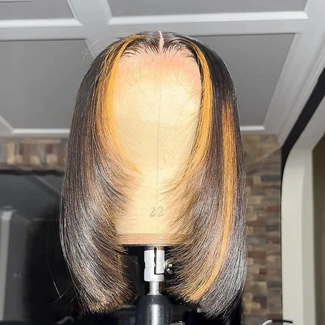 Geeta Layer Cut Ombre Highlight Straight Bob Human Hair Wigs 13x4 Lace Front Glueless Wigs