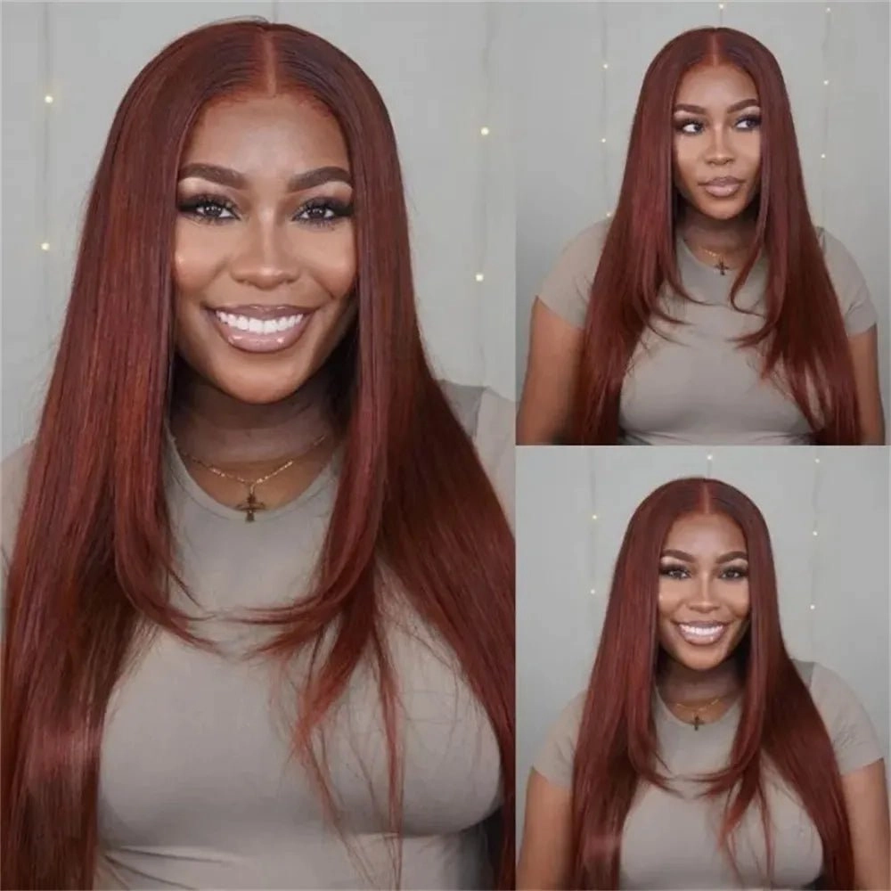 Geeta Layered Straight 13x4/4x4 Reddish Brown Lace Frontal Wig HD Transparent Human Hair Wigs Auburn Colored Wig