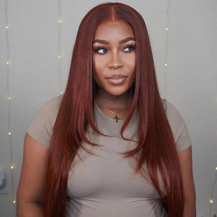 Geeta Layered Straight 13x4/4x4 Reddish Brown Lace Frontal Wig HD Transparent Human Hair Wigs Auburn Colored Wig