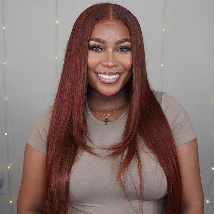 Geeta Layered Straight 13x4/4x4 Reddish Brown Lace Frontal Wig HD Transparent Human Hair Wigs Auburn Colored Wig