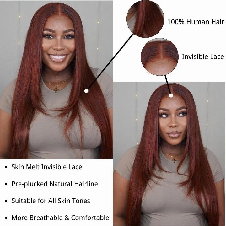 Geeta Layered Straight 13x4/4x4 Reddish Brown Lace Frontal Wig HD Transparent Human Hair Wigs Auburn Colored Wig