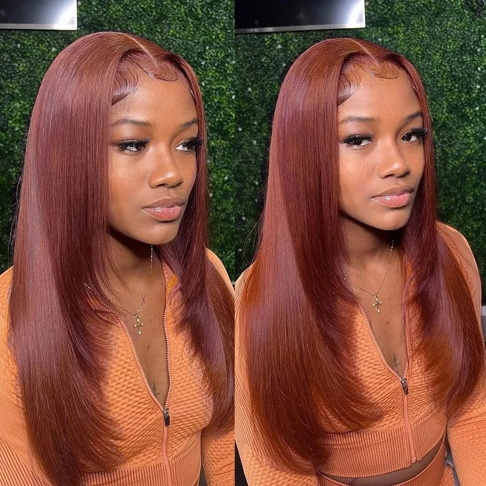 Geeta Layered Straight 13x4/4x4 Reddish Brown Lace Frontal Wig HD Transparent Human Hair Wigs Auburn Colored Wig