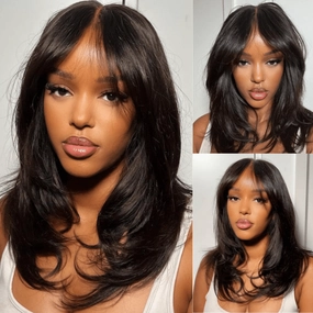 Geeta Long Natural Wavy Curtain Bangs Glueless 5x5 HD Lace Closure Wig Easy to Wear Lace Human Hair Bob Wigs