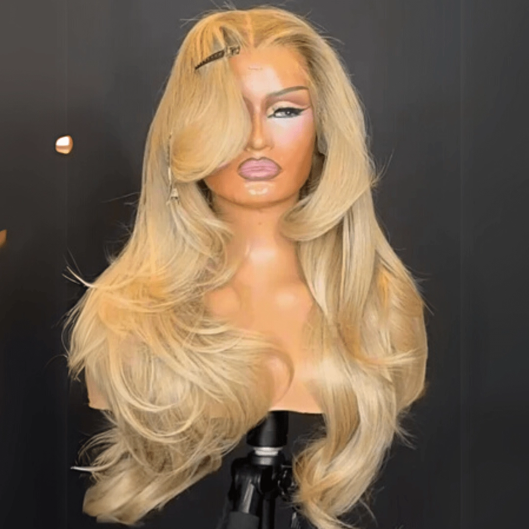 Geeta Long Wavy Bangs Golden Blonde Lace Front Wigs 13x4 Natural Wavy Glueless Wigs Pre Plucked 250% Density