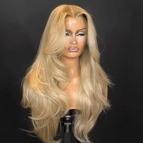 Geeta Long Wavy Bangs Golden Blonde Lace Front Wigs 13x4 Natural Wavy Glueless Wigs Pre Plucked 250% Density