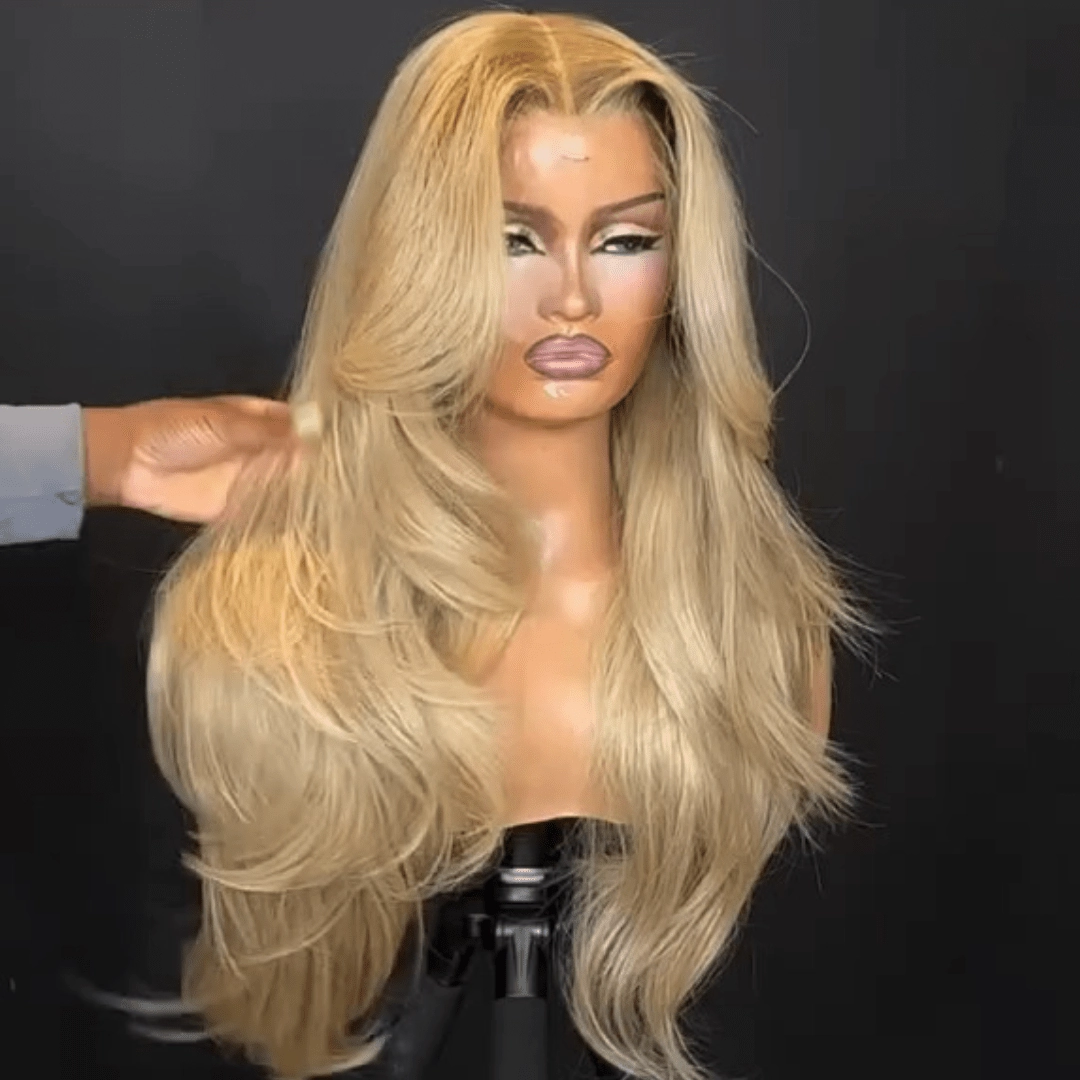 Geeta Long Wavy Bangs Golden Blonde Lace Front Wigs 13x4 Natural Wavy Glueless Wigs Pre Plucked 250% Density