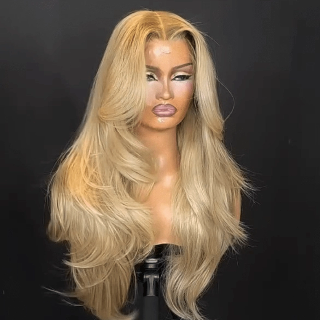 Geeta Long Wavy Bangs Golden Blonde Lace Front Wigs 13x4 Natural Wavy Glueless Wigs Pre Plucked 250% Density