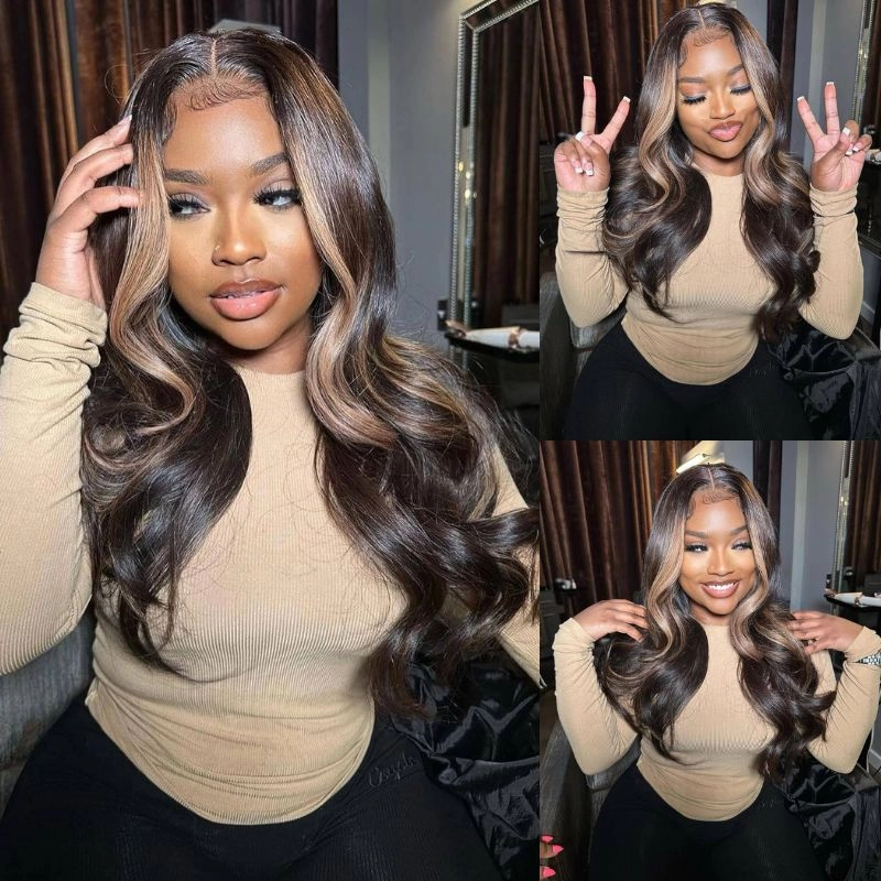 Geeta Money Piece Brown Body Wave HD Transparent Lace Front Wigs Glueless Skunk Stripe Color Human Hair Wigs