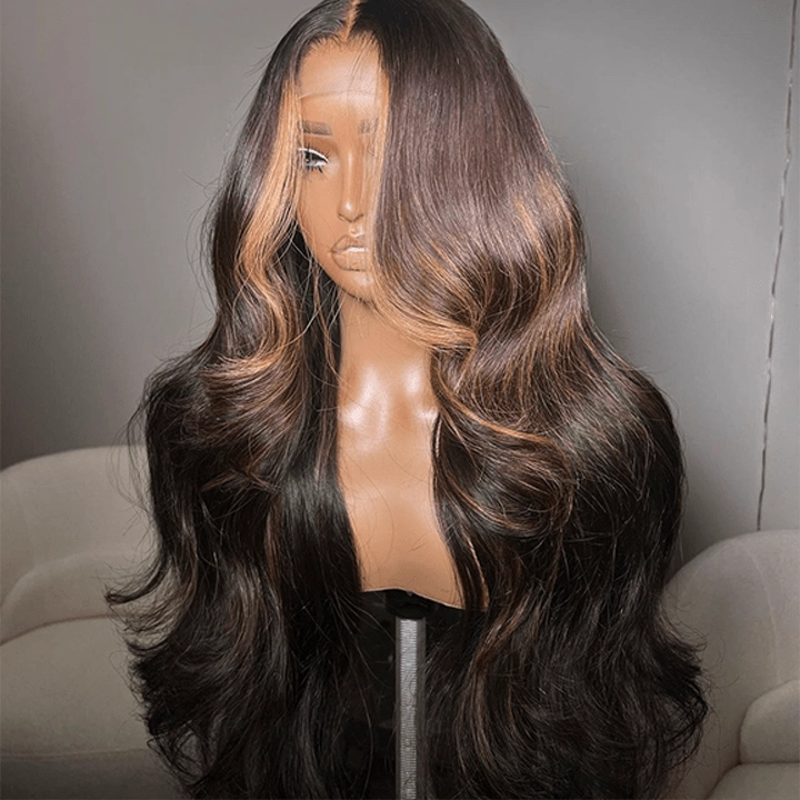 Geeta Money Piece Brown Body Wave HD Transparent Lace Front Wigs Glueless Skunk Stripe Color Human Hair Wigs