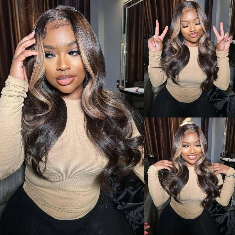 Geeta Money Piece Brown Body Wave HD Transparent Lace Front Wigs Glueless Skunk Stripe Color Human Hair Wigs