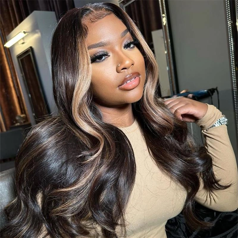 Geeta Money Piece Brown Body Wave HD Transparent Lace Front Wigs Glueless Skunk Stripe Color Human Hair Wigs