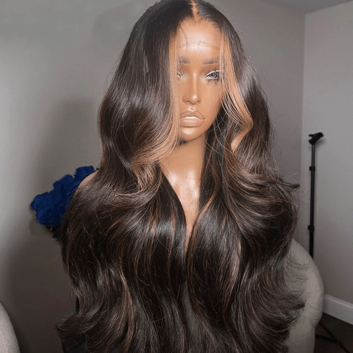 Geeta Money Piece Brown Body Wave HD Transparent Lace Front Wigs Glueless Skunk Stripe Color Human Hair Wigs