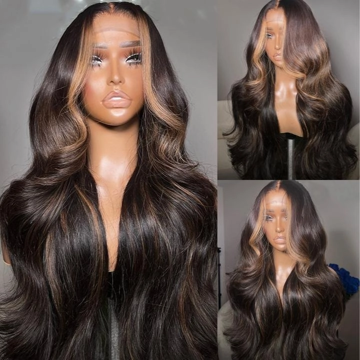 Geeta Money Piece Brown Body Wave HD Transparent Lace Front Wigs Glueless Skunk Stripe Color Human Hair Wigs