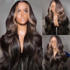 Geeta Money Piece Brown Body Wave HD Transparent Lace Front Wigs Glueless Skunk Stripe Color Human Hair Wigs
