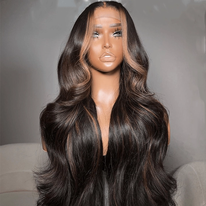 Geeta Money Piece Brown Body Wave HD Transparent Lace Front Wigs Glueless Skunk Stripe Color Human Hair Wigs