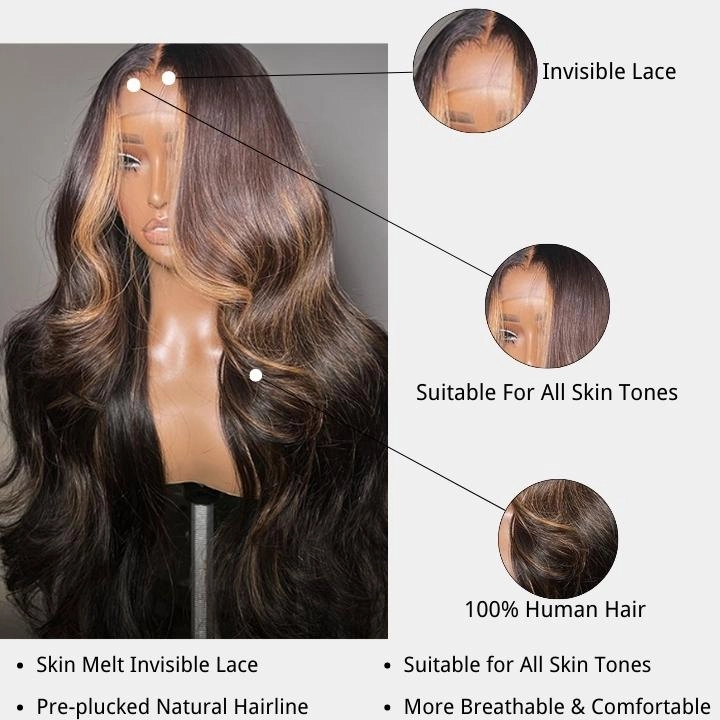 Geeta Money Piece Brown Body Wave HD Transparent Lace Front Wigs Glueless Skunk Stripe Color Human Hair Wigs
