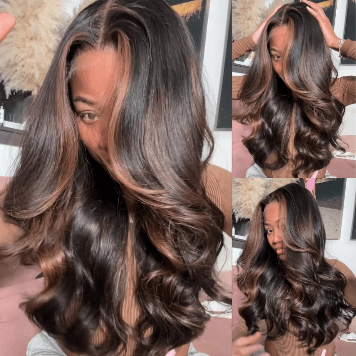 Geeta Money Piece Brown Body Wave HD Transparent Lace Front Wigs Glueless Skunk Stripe Color Human Hair Wigs