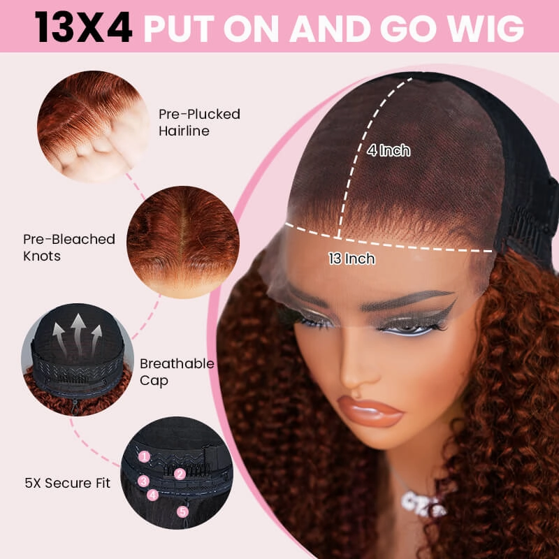 Geeta Reddish Brown 13x4 Lace Frontal Glueless Kinky Curly Invisi Drawstring Put On And Go Colored Wig