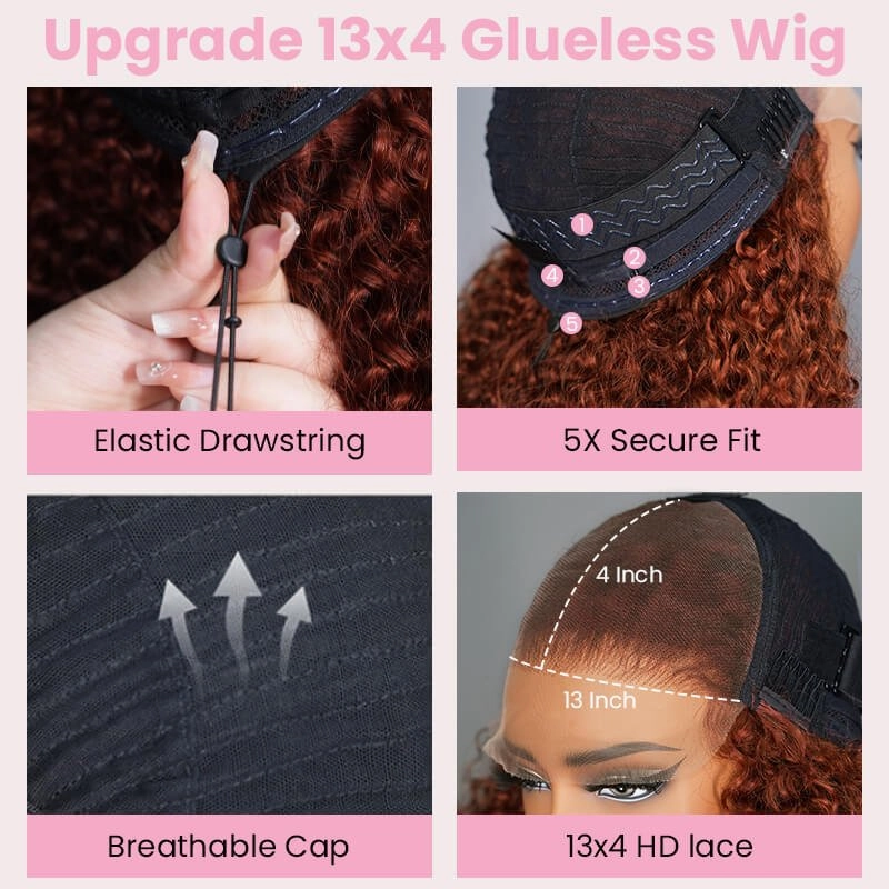 Geeta Reddish Brown 13x4 Lace Frontal Glueless Kinky Curly Invisi Drawstring Put On And Go Colored Wig