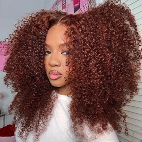 Geeta Reddish Brown 13x4 Lace Frontal Glueless Kinky Curly Invisi Drawstring Put On And Go Colored Wig