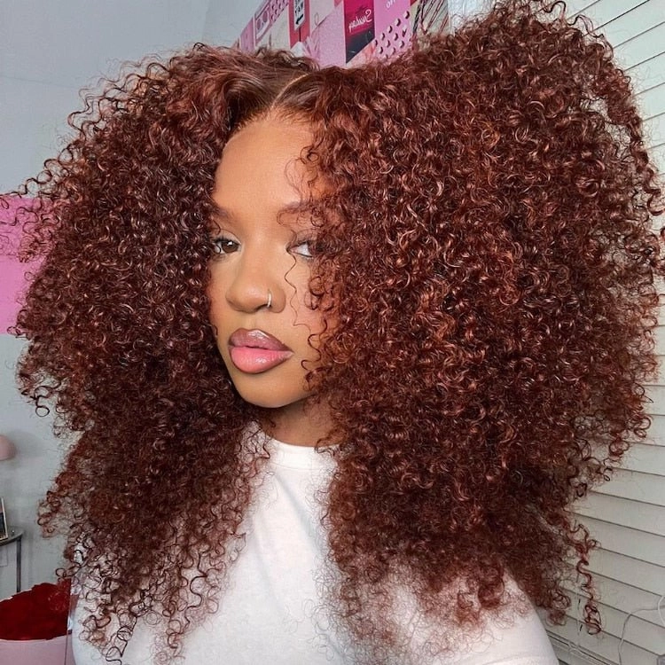 Geeta Reddish Brown 13x4 Lace Frontal Glueless Kinky Curly Invisi Drawstring Put On And Go Colored Wig