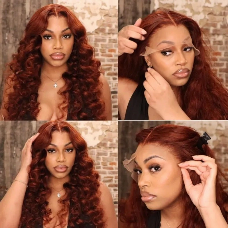 Geeta Reddish Brown Color 3D Body Wave 13x4 Lace Front Wig Put on and Go Invisi Drawstring Wig