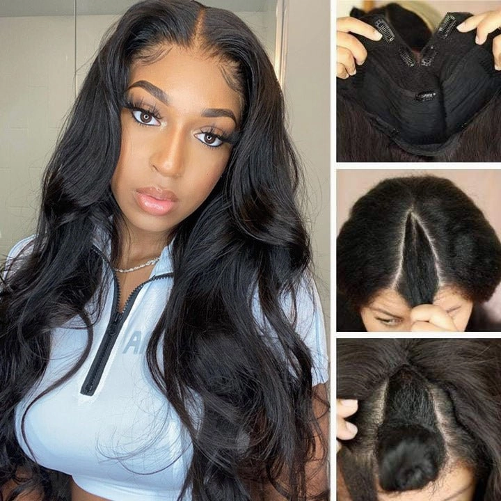 Geeta Thin V Part Wig Body Wave Human Hair Wigs Invisi Drawstring Beginner-friendly