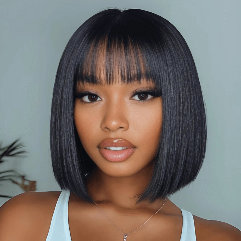 Geeta Yaki Straight Short Bob Wig With Bangs 2x4 Lace Part Glueless Put On And Go Wig Flash Sale