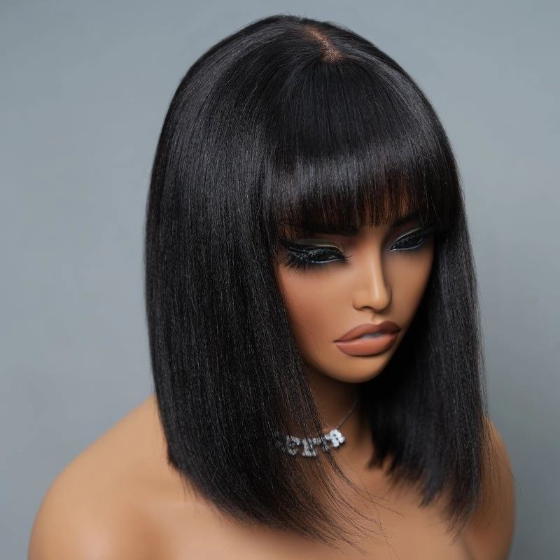 Geeta Yaki Straight Short Bob Wig With Bangs 2x4 Lace Part Glueless Put On And Go Wig Flash Sale