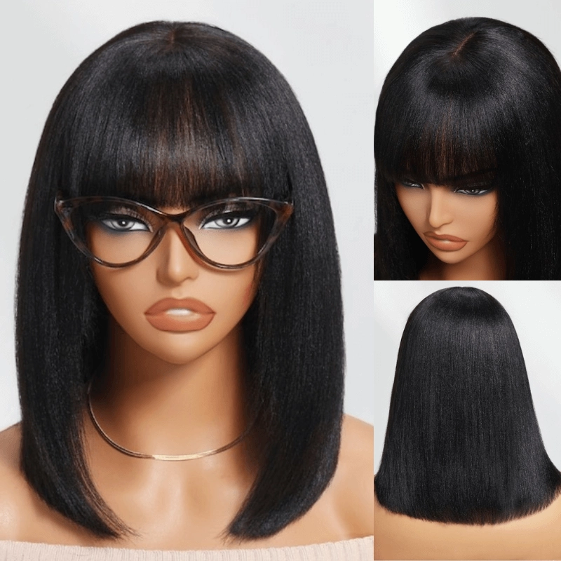 Geeta Yaki Straight Short Bob Wig With Bangs 2x4 Lace Part Glueless Put On And Go Wig Flash Sale