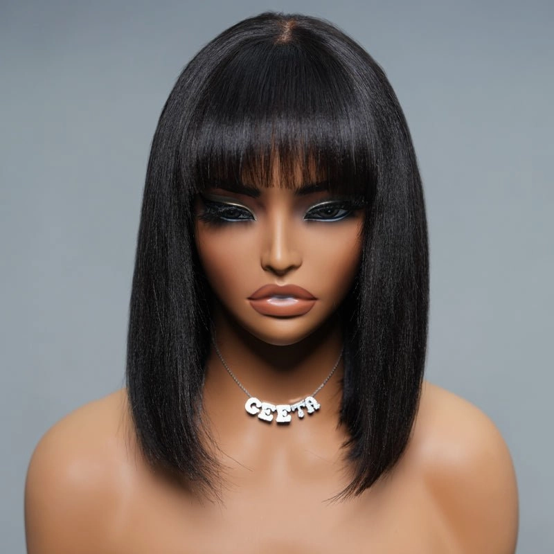 Geeta Yaki Straight Short Bob Wig With Bangs 2x4 Lace Part Glueless Put On And Go Wig Flash Sale