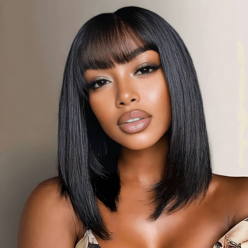 Geeta Yaki Straight Short Bob Wig With Bangs 2x4 Lace Part Glueless Put On And Go Wig Flash Sale