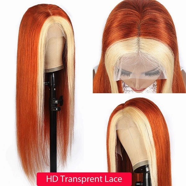 Ginger Color With #613 Blonde Streaks Skunk Stripe Wig Straight Hair Colored Wig Tranparent Lace Frontal 100% Virgin Human Hair Wig-Geeta Hair