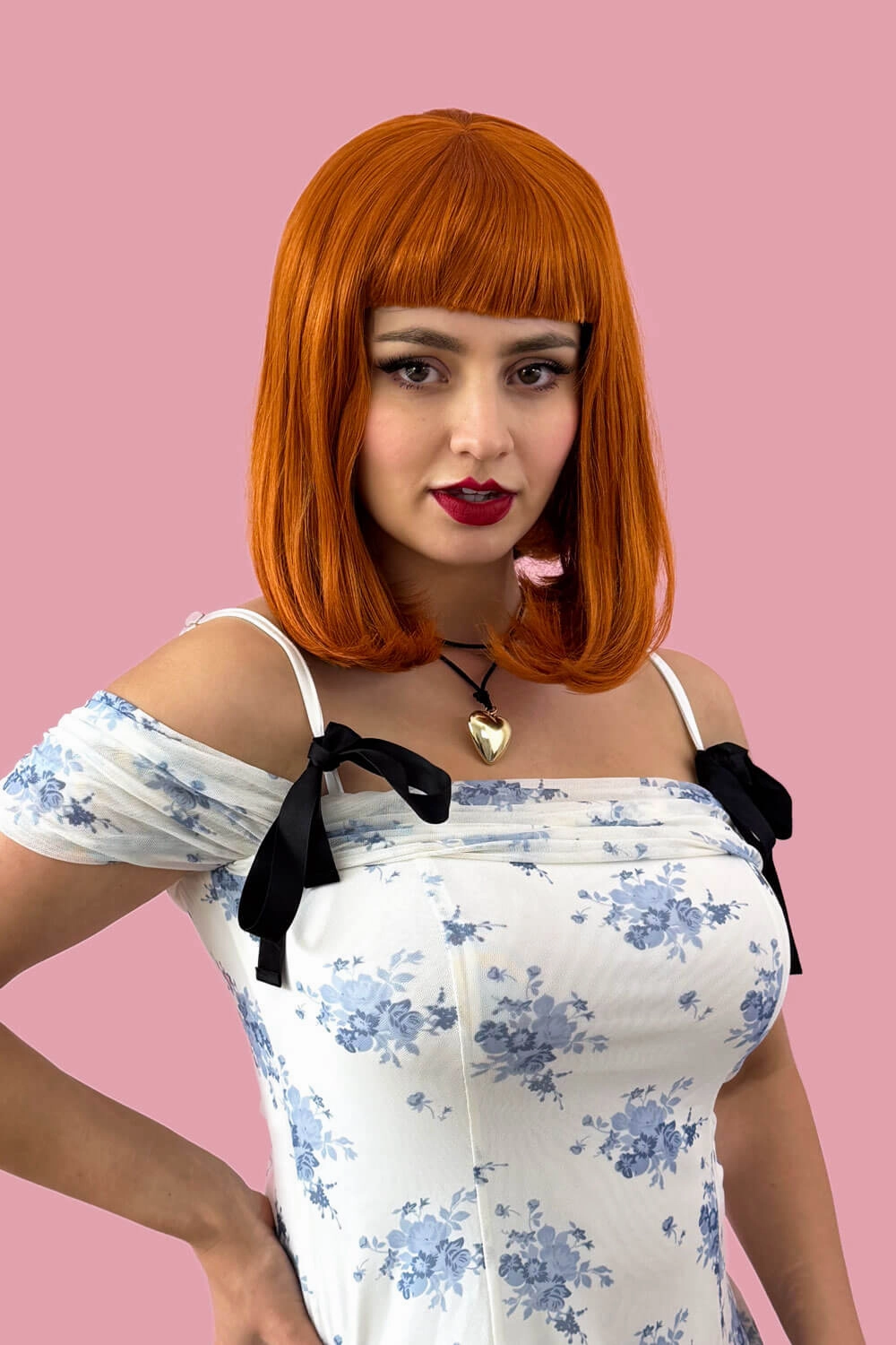 Ginger long bob wig with a short retro style fringe: Bonnie