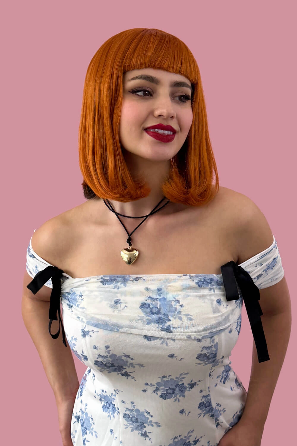 Ginger long bob wig with a short retro style fringe: Bonnie