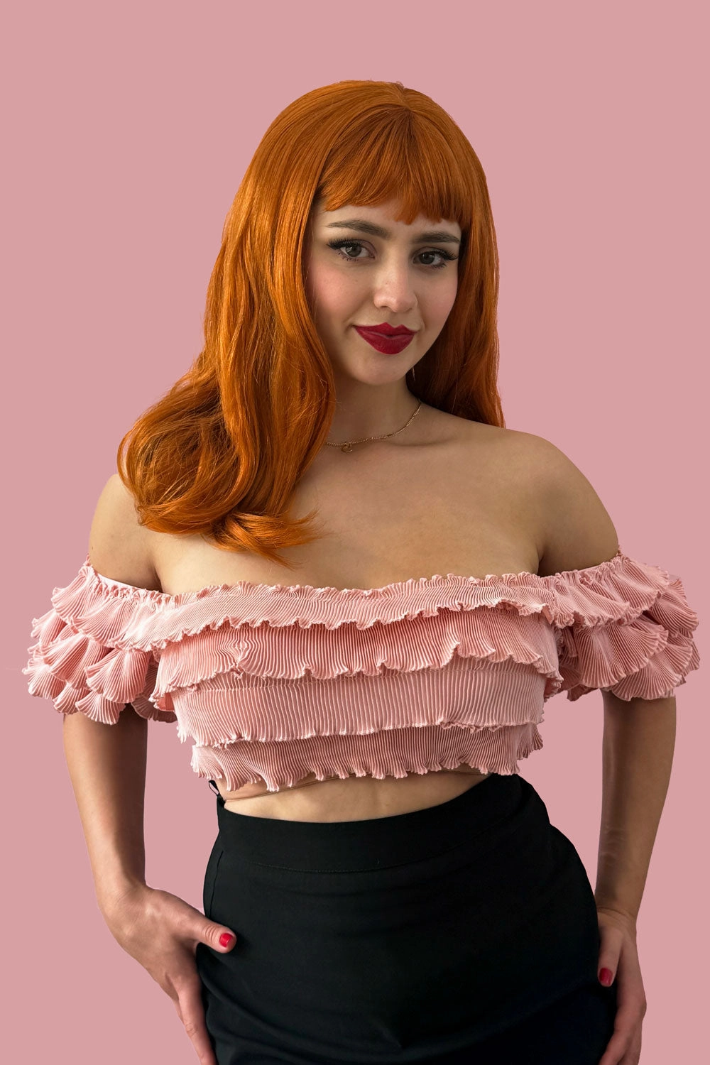 Ginger long wavy bob (LOB) wig with straight retro fringe: Cerissa