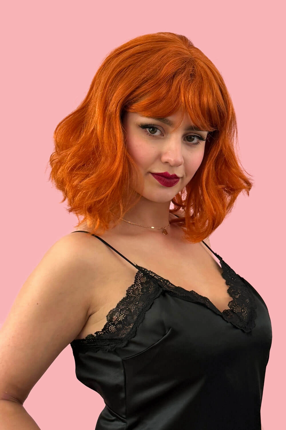 Ginger long wavy bob (lob) wig with swept fringe: Rusty