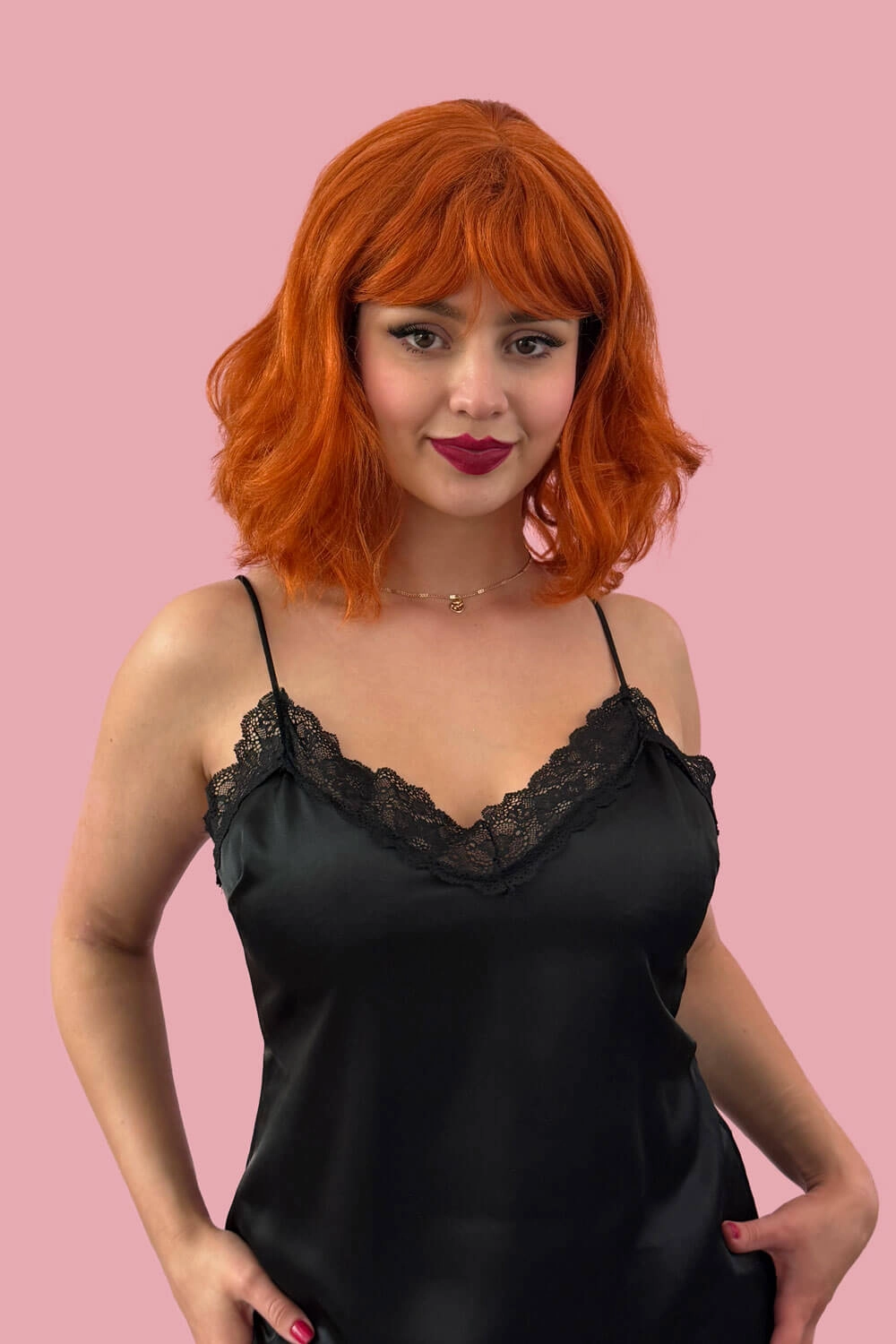 Ginger long wavy bob (lob) wig with swept fringe: Rusty