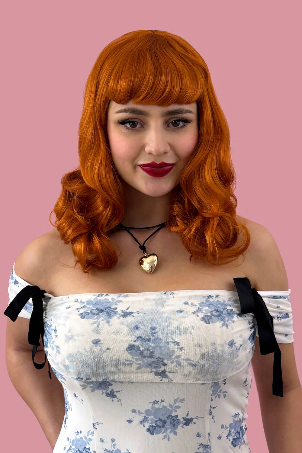 Ginger pinup style wig, finger waved with short fringe, 1950s style: Sienna