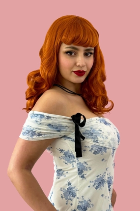 Ginger pinup style wig, finger waved with short fringe, 1950s style: Sienna