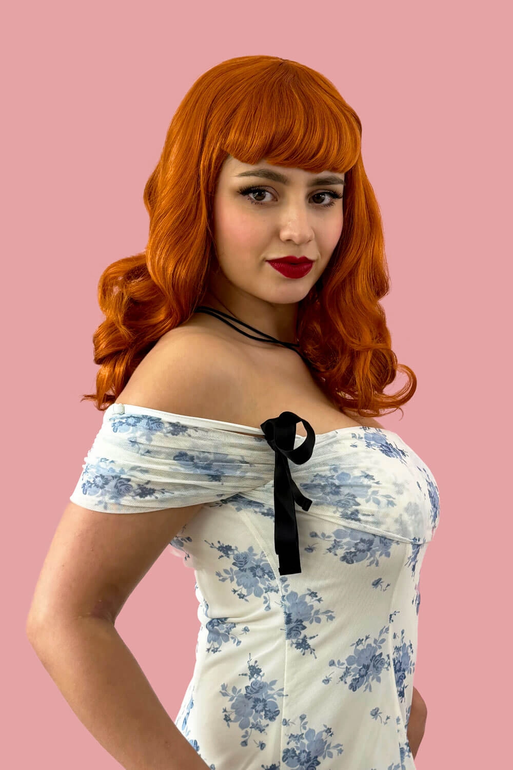 Ginger pinup style wig, finger waved with short fringe, 1950s style: Sienna