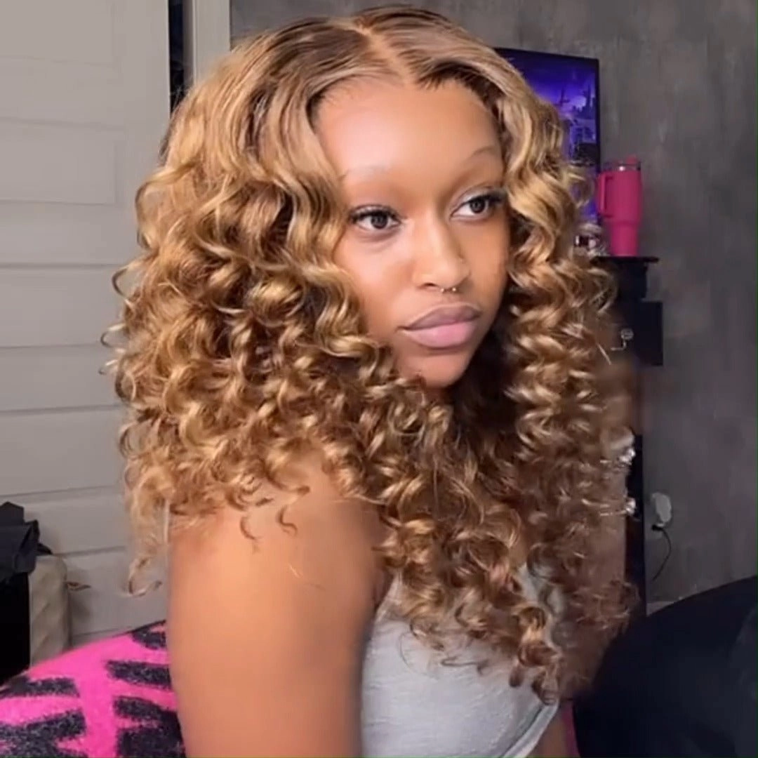 Glueless Bouncy Curly Hair 13x4 Transparent Lace Front Wig Pre Plucked Hairline Wand Curl Human Hair wigs-Geeta Hair