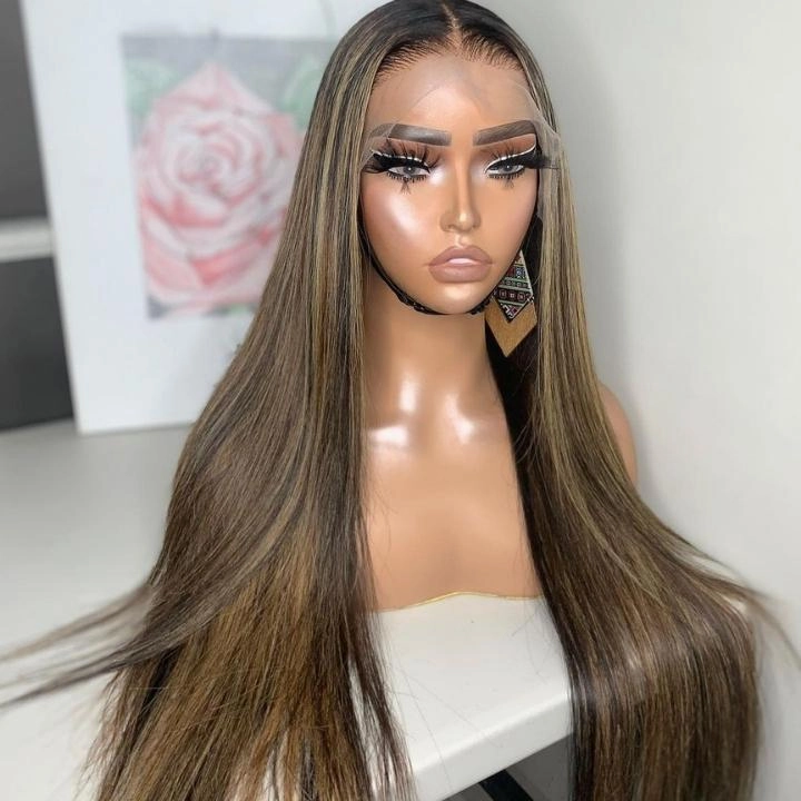 Glueless Highlight Blonde Straight/Body Wave Transparent 5x5 Lace Part Wig Brown Highlights Human Hair Wave Wigs-Geetahair