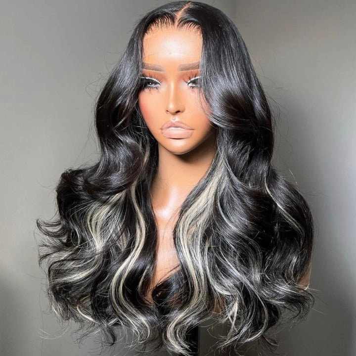 Glueless Platinum Gray Highlight Silky Straight Human Hair Wigs-Geeta Hair