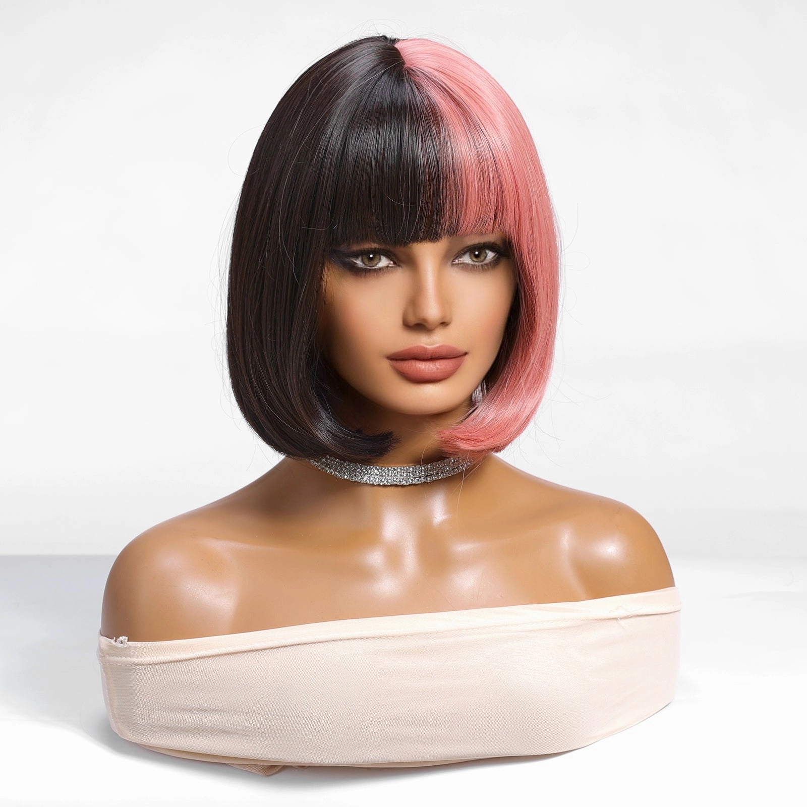 Half Pink Half Black Blunt Bob with Full Fringe Wig - MARKETPLACE