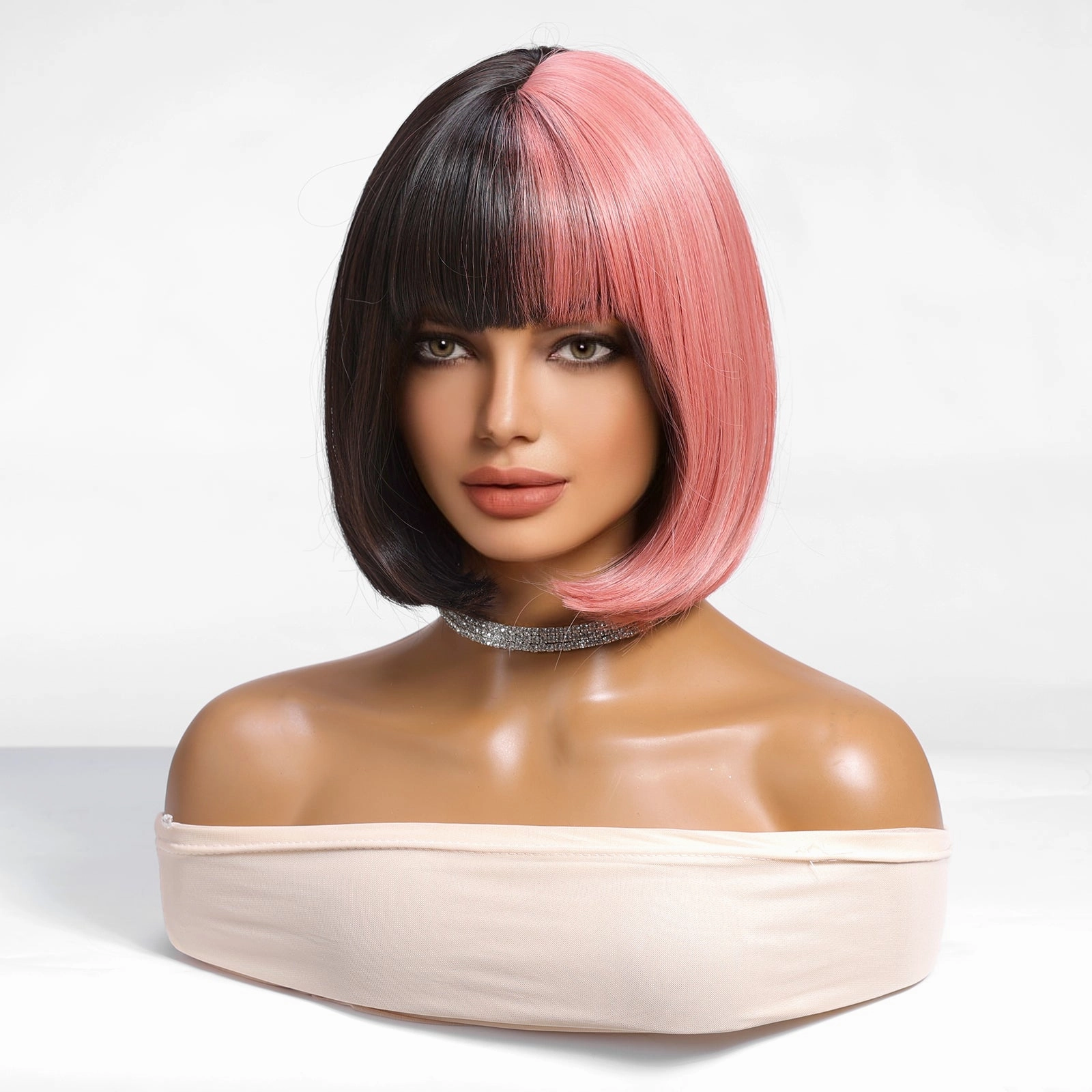 Half Pink Half Black Blunt Bob with Full Fringe Wig - MARKETPLACE