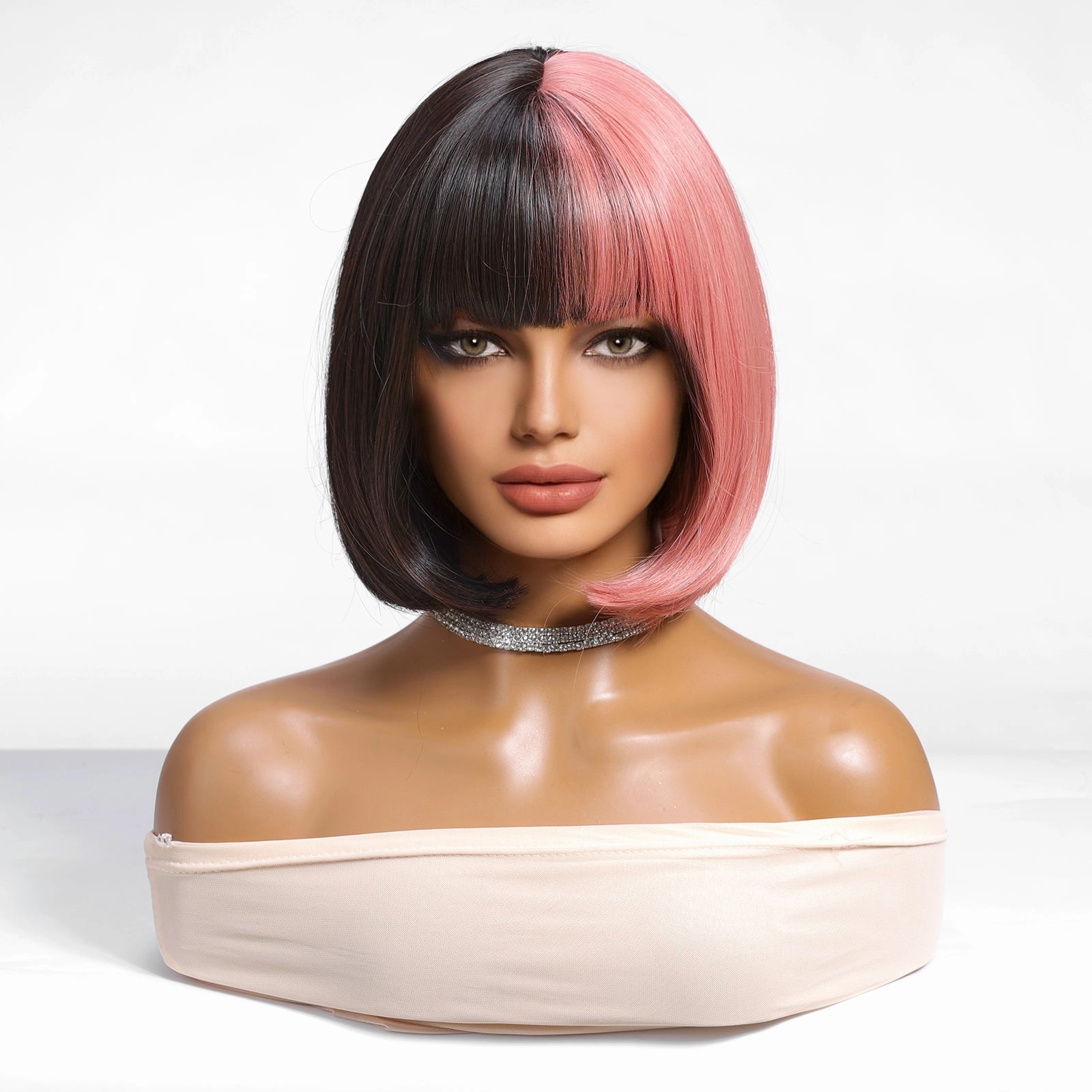 Half Pink Half Black Blunt Bob with Full Fringe Wig - MARKETPLACE